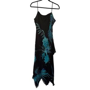 Vintage Eva Blue Floral Beaded Flowy Layered Spaghetti Strap Midi Dress Black